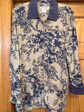 Coldwater Creek Cream Coat with Navy Floral Print and Navy Trim